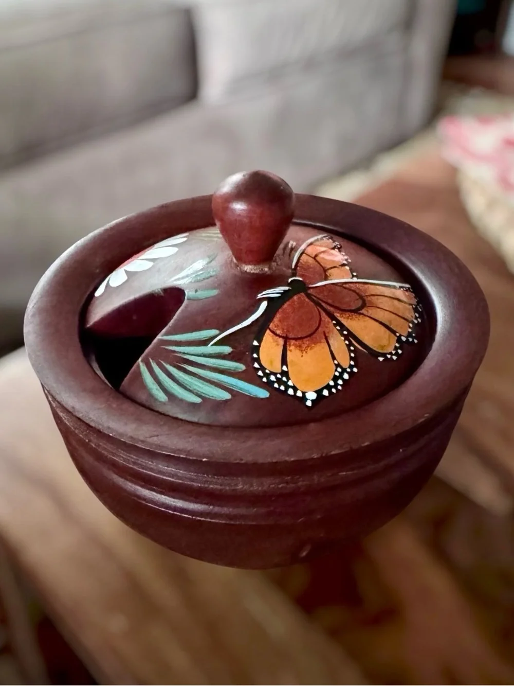 Vintage Wooden Bowl with Lid Tole Hand Painted Butterfly Trinket Sugar Folk Art